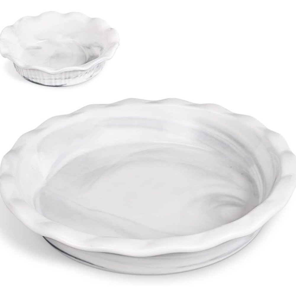 2 x ROUND RUFFLED-EDGE CERAMIC PIE PAN SET  (11"+5.5" - Marble Grey)